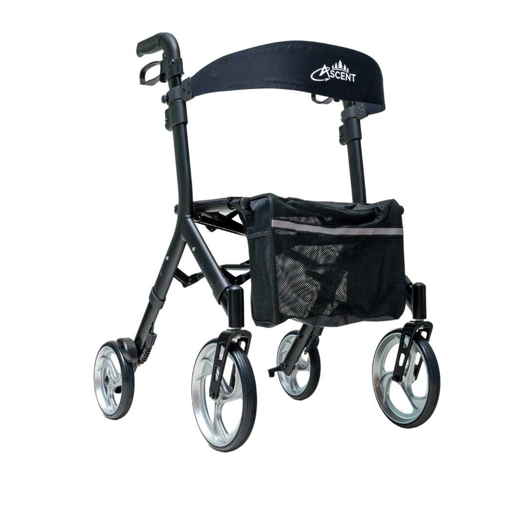 The Compass Health Ascent Premium Euro-Style Rollator is a black, lightweight mobility aid featuring four large wheels, a front storage pouch, and a logo on the backrest. Expertly designed for easy pushing, it offers excellent support with its ergonomic handlebar.